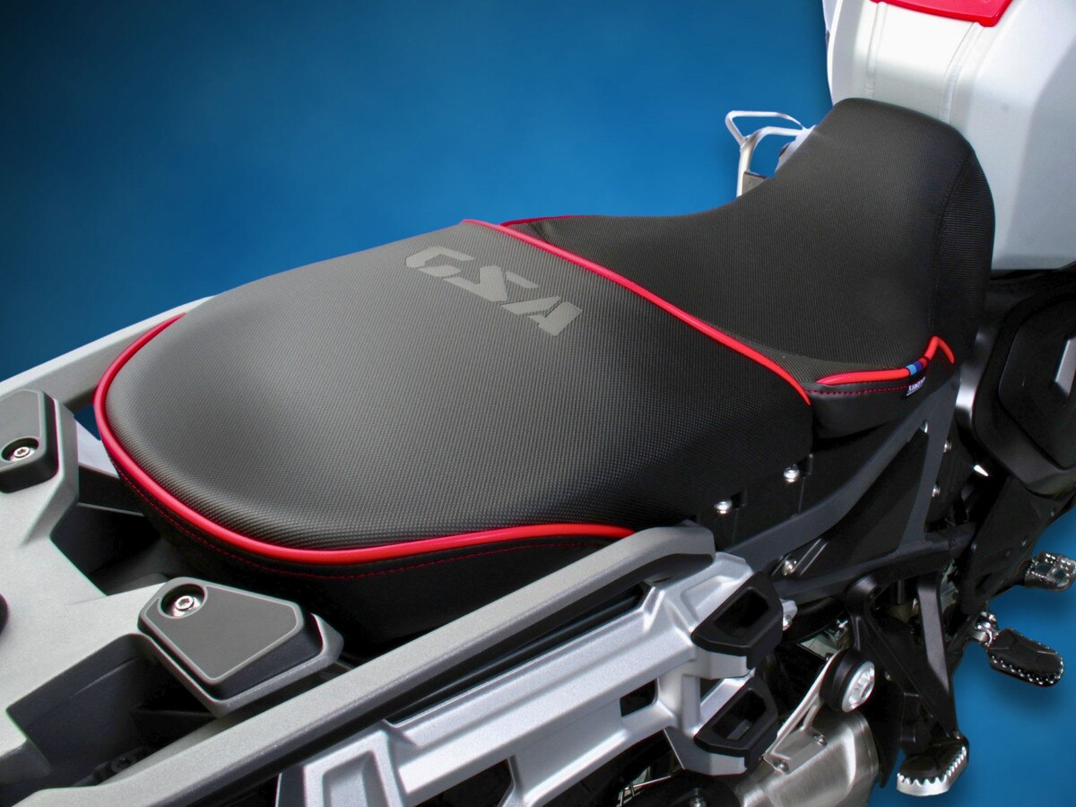 Striking GSA logo embossed on the rear motorcycle seat of the Performance Plus seats from Sargent Cycle Products, shown in all black, low version front.